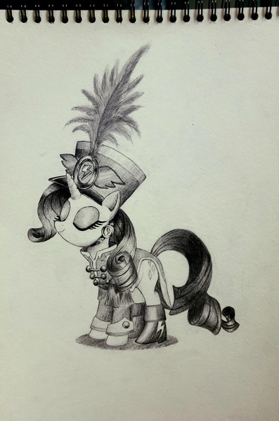 Size: 5161x7799 | Tagged: safe, artist:jack107401, derpibooru import, rarity, testing testing 1-2-3, absurd resolution, ancient wonderbolts uniform, clothes, costume, eyes closed, image, jpeg, monochrome, pencil drawing, sgt. rarity, smiling, solo, traditional art, uniform