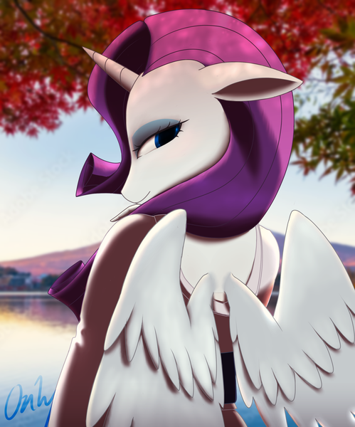 Size: 1440x1733 | Tagged: safe, artist:onlyhasart, derpibooru import, rarity, alicorn, anthro, alicornified, clothes, female, image, kimono (clothing), looking at you, png, race swap, raricorn, rear view, smiling, smiling at you, solo