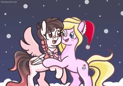 Size: 2681x1890 | Tagged: safe, artist:redpalette, derpibooru import, oc, oc:arwencuack, oc:chuckles, unofficial characters only, earth pony, pegasus, pony, christmas, hat, holiday, image, pegasus oc, png, santa hat, snow, snowfall, solo, wings