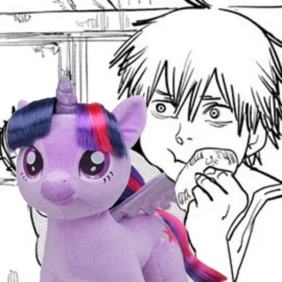 Size: 400x400 | Tagged: safe, artist:bloommoonbeam, derpibooru import, edit, twilight sparkle, twilight sparkle (alicorn), alicorn, human, anime, avi, build-a-bear, chainsaw man, denji, eating, image, jpeg, manga, plushie