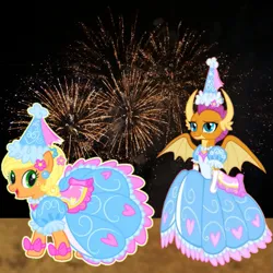 Size: 719x719 | Tagged: safe, artist:darlycatmake, derpibooru import, applejack, smolder, dragon, earth pony, pony, bow, clothes, cute, dragon wings, dragoness, dress, ear piercing, female, fireworks, flower, flower in hair, froufrou glittery lacy outfit, gloves, happy, happy new year, holiday, image, jackabetes, jewelry, long gloves, mare, necklace, new year, new years eve, party, piercing, png, princess, princess applejack, princess smolder, smiling, smolderbetes, spread wings, wings