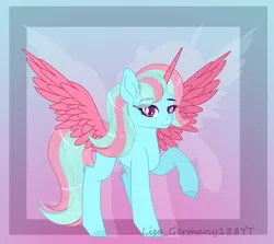 Size: 1024x914 | Tagged: safe, artist:existencecosmos188, derpibooru import, oc, unofficial characters only, alicorn, pony, abstract background, alicorn oc, commission, eyelashes, female, horn, image, jpeg, mare, raised hoof, smiling, solo, wings, ych result