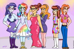 Size: 1350x900 | Tagged: safe, artist:chikorrutia, derpibooru import, rainbow dash, rarity, human, equestria girls, ..., alternate hairstyle, annoyed, blushing, boots, clothes, crossover, daphne blake, daria, daria morgendorffer, dress, ear piercing, earring, embarrassed, eyeshadow, female, glasses, grin, hand on shoulder, high heels, hooped earrings, image, jewelry, jpeg, lipstick, makeover, makeup, necklace, pearl necklace, piercing, quinn morgendorffer, rainbow dash always dresses in style, rainbow dash is not amused, requested art, sandals, scooby doo, shoes, smiling, unamused, velma dinkley, wristband