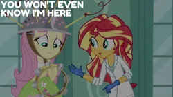 Size: 1920x1080 | Tagged: safe, derpibooru import, edit, edited screencap, editor:quoterific, screencap, fluttershy, sunset shimmer, human, equestria girls, the science of magic, clothes, duo, duo female, experiment, female, frown, gloves, image, lab coat, musical instrument, open mouth, open smile, png, rubber gloves, smiling, sunset the science gal, tambourine