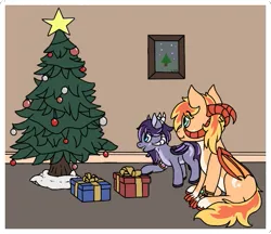 Size: 531x458 | Tagged: safe, artist:chance35, derpibooru import, oc, oc:evanti, oc:imiya, unofficial characters only, hybrid, christmas, christmas tree, derpibooru exclusive, duo, holiday, horns, image, png, present, siblings, simple background, sitting, standing, tree, wings