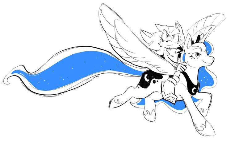 Size: 1280x734 | Tagged: safe, artist:fernsnailz, derpibooru import, princess luna, alicorn, pony, duo, horn, image, jpeg, partial color, peytral, riding, riding a pony, shadow the hedgehog, simple background, smiling, sonic the hedgehog (series), tail, white background, wings