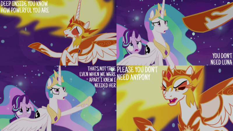 Size: 4400x2475 | Tagged: safe, derpibooru import, edit, edited screencap, editor:quoterific, screencap, daybreaker, princess celestia, starlight glimmer, alicorn, pony, unicorn, a royal problem, angry, argument, crown, ethereal mane, ethereal tail, eyes closed, fangs, female, frown, gesture, hoof shoes, image, implied princess luna, jewelry, mane of fire, mare, open mouth, open smile, peytral, png, pointing, regalia, scared, smiling, spread wings, swapped cutie marks, tail, trio, trio female, wings