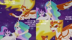 Size: 4400x2475 | Tagged: safe, derpibooru import, edit, edited screencap, editor:quoterific, screencap, daybreaker, princess celestia, starlight glimmer, alicorn, pony, unicorn, a royal problem, angry, argument, crown, ethereal mane, ethereal tail, eyes closed, fangs, female, frown, gesture, hoof shoes, image, implied princess luna, jewelry, mane of fire, mare, open mouth, open smile, peytral, png, pointing, regalia, scared, smiling, spread wings, swapped cutie marks, tail, trio, trio female, wings
