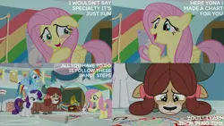 Size: 4400x2475 | Tagged: safe, derpibooru import, edit, edited screencap, editor:quoterific, screencap, angel bunny, fluttershy, rainbow dash, rarity, yona, pegasus, pony, rabbit, unicorn, yak, she's all yak, animal, blushing, bow, chart, dance steps, disappointed, excited, eyeshadow, female, grin, hair bow, image, makeup, male, mare, monkey swings, open mouth, open smile, phonograph, png, sad, smiling