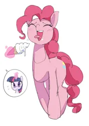 Size: 637x900 | Tagged: safe, artist:gakushuogawa, derpibooru import, pinkie pie, twilight sparkle, earth pony, pony, unicorn, cute, diapinkes, eyes closed, female, food, glow, glowing horn, horn, ice cream, ice cream cone, image, jpeg, levitation, magic, magic aura, mare, offscreen character, simple background, telekinesis, tongue out, unicorn twilight, white background