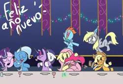 Size: 2190x1491 | Tagged: suggestive, artist:sundzy, derpibooru import, applejack, derpy hooves, fluttershy, pinkie pie, rainbow dash, rarity, starlight glimmer, trixie, twilight sparkle, earth pony, pegasus, pony, unicorn, cake, christmas, christmas lights, crying, female, food, glass, happy new year, holiday, hoof hold, image, juice, juice box, mane six, mare, png, spanish, tripping, wine glass