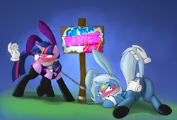 Size: 2832x1918 | Tagged: suggestive, artist:anonyxnugax, derpibooru import, trixie, twilight sparkle, pony, unicorn, ass up, blue background, blue coat, blushing, bunny ears, bunny suit, butt, butt grab, butt touch, chained, chains, cheek fluff, clothes, collar, disembodied hand, dock, duo, duo female, ear fluff, evening gloves, face down ass up, female, femsub, fishnets, furious, gag, gloves, grope, hand, horn, horn ring, image, jewelry, latex, latex gloves, latex stockings, leotard, long gloves, looking at something, looking back, magic suppression, mare, multicolored mane, multicolored tail, playboy bunny, playboy bunny trixie, playboy bunny twilight sparkle, plot, png, purple coat, purple eyes, raised hoof, rear view, ring, shrunken pupils, sign, simple background, socks, stockings, submissive, tail, tail pull, tape, tape gag, the weak and powerless trixie, thigh highs, trixsub, twisub, two toned mane, two toned tail, unicorn twilight