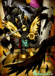 Size: 1700x2338 | Tagged: safe, artist:anibaruthecat, rarity, bird, crow, pegasus, unicorn, airship, banner, bioshock, bioshock infinite, blimp, blood, chains, cloak, clothes, coffin, crow pony, crows, detailed background, feather, hood, image, jpeg, male, medallion, pterippus, sword, talisman, talons, vigor, weapon, zeppelin