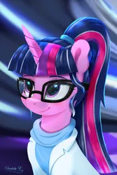 Size: 1500x2250 | Tagged: safe, artist:darksly, derpibooru import, sci-twi, twilight sparkle, ponified, pony, unicorn, alternate hairstyle, clothes, commission, cute, equestria girls ponified, female, glasses, image, jpeg, lab coat, mare, ponytail, solo, sweater, twiabetes, unicorn twilight