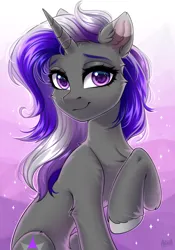 Size: 2100x3000 | Tagged: safe, artist:hakaina, derpibooru import, oc, unofficial characters only, pony, unicorn, abstract background, belly fluff, cheek fluff, chest fluff, cute, ear fluff, eyebrows, eyelashes, female, fluffy, gray coat, hooves, horn, image, leg fluff, lidded eyes, looking at you, mare, ocbetes, png, purple background, purple eyes, raised hoof, simple background, sitting, slim, smiling, smiling at you, solo, striped mane, thin, unicorn oc, unshorn fetlocks
