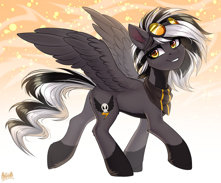 Size: 2500x2069 | Tagged: safe, artist:hakaina, derpibooru import, oc, oc:zephyrai, unofficial characters only, pegasus, pony, abstract background, accessories, butt, cheek fluff, coat markings, colored, colored belly, dark belly, ear fluff, female, fluffy, goggles, goggles on head, head turned, image, leg fluff, looking at you, mare, pegasus oc, plot, png, raised hoof, raised leg, shading, shawl, side view, signature, slim, smiling, smiling at you, socks (coat marking), solo, spread wings, striped mane, striped tail, tail, thin, unshorn fetlocks, walking, wing fluff, wings, yellow eyes