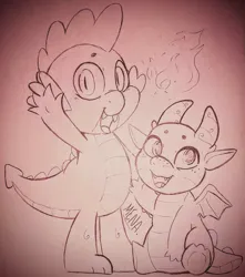 Size: 2945x3328 | Tagged: safe, artist:dsstoner, derpibooru import, sparky sparkeroni, spike, dragon, fire, g5, image, jpeg, open mouth, sitting, smiling, sparky and his hero, spread wings, traditional art, waving, wings