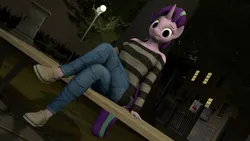 Size: 3840x2160 | Tagged: safe, artist:korizen, derpibooru import, starlight glimmer, anthro, pony, unicorn, 3d, bench, clothes, crossed legs, denim, image, jeans, looking at you, night, pants, park, park bench, png, shoes, sitting, solo, striped sweater, sweater