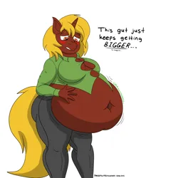 Size: 5000x5000 | Tagged: suggestive, artist:panzerschreckleopard, derpibooru import, oc, oc:totty, anthro, unicorn, belly, belly button, big belly, blonde, blushing, breasts, button-up shirt, cleavage, clothes, dialogue, fat, female, hand on belly, image, png, red fur, shirt, solo, stomach noise, text, tight clothing