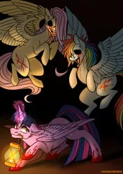 Size: 994x1408 | Tagged: semi-grimdark, artist:mechanakal, derpibooru import, fluttershy, rainbow dash, twilight sparkle, twilight sparkle (alicorn), alicorn, pegasus, pony, abuse, amnesia: justine, amnesia: the dark descent, amnesiashy, blood, blood splatter, crouching, crying, dashabuse, female, flutterbuse, flying, gritted teeth, image, lantern, looking at someone, looking back, magic, mare, my little amnesia, no eyes, open mouth, open smile, png, raised hoof, scared, shrunken pupils, smiling, spread wings, suitorshy, tears of blood, teeth, telekinesis, trio, trio female, wings