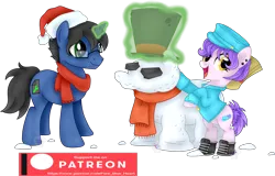 Size: 4202x2685 | Tagged: safe, artist:pure-blue-heart, derpibooru import, oc, oc:bubble fabric, oc:digital wrench, unofficial characters only, earth pony, pony, unicorn, christmas, clothes, earth pony oc, female, freckles, green eyes, green magic, hat, holiday, horn, image, magic, male, mare, patreon, patreon logo, patreon reward, png, santa hat, scarf, shirt, shoes, simple background, snow, snowpony, stallion, stallion oc, transparent background, unicorn oc, yellow eyes