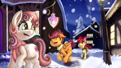 Size: 3840x2160 | Tagged: safe, artist:sigilponies, derpibooru import, apple bloom, scootaloo, sweetie belle, earth pony, pegasus, pony, unicorn, clothes, cutie mark crusaders, image, night, png, ponyville, running, scarf, snow, snowfall, stars, striped scarf, sugarcube corner, winter