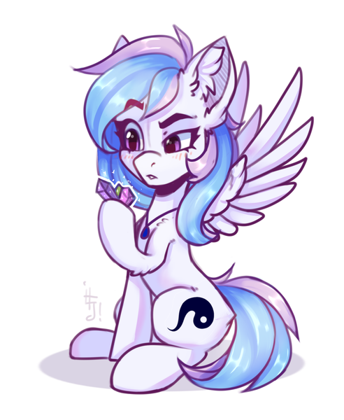 Size: 1668x2036 | Tagged: safe, artist:falafeljake, derpibooru import, oc, oc:starburn, pegasus, crystal, ear fluff, hoof hold, image, jewelry, necklace, pegasus oc, png, spread wings, wings