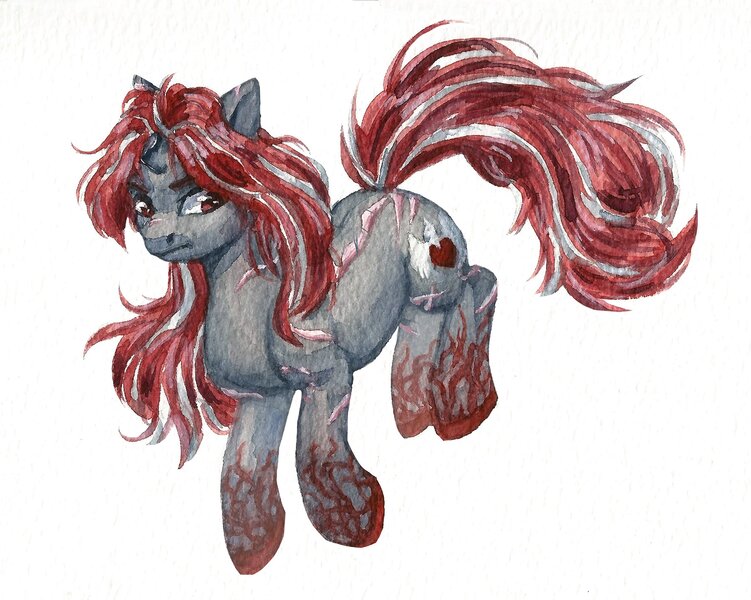 Size: 1794x1433 | Tagged: safe, artist:renka2802, derpibooru import, oc, oc:crimson fist, pony, unicorn, female, horn, image, jpeg, scar, solo, traditional art, unicorn oc, watercolor painting