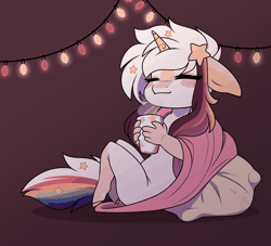 Size: 1100x1000 | Tagged: suggestive, artist:purplegrim40, derpibooru import, oc, oc:ayaka, unofficial characters only, anthro, unicorn, animated, blanket, chibi, chocolate, christmas, christmas lights, ear twitch, eyes closed, female, floppy ears, food, gif, holiday, hot chocolate, image, nudity, pillow, solo, string lights