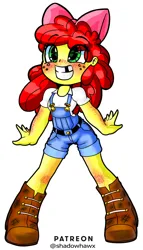 Size: 2066x3623 | Tagged: safe, artist:shadowhawx, derpibooru import, apple bloom, equestria girls, adorabloom, boots, bow, clothes, cowboy boots, cute, female, freckles, green eyes, grin, hair bow, image, jpeg, overalls, pigeon toed, shoes, smiling, solo, tooth gap, wrong eye color