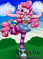 Size: 1184x1625 | Tagged: safe, artist:shadowhawx, derpibooru import, pinkie pie, anthro, earth pony, plantigrade anthro, breasts, busty pinkie pie, clothes, converse, denim, denim skirt, female, image, jpeg, one eye closed, open mouth, open smile, shirt, shoes, skirt, smiling, sneakers, solo, striped shirt