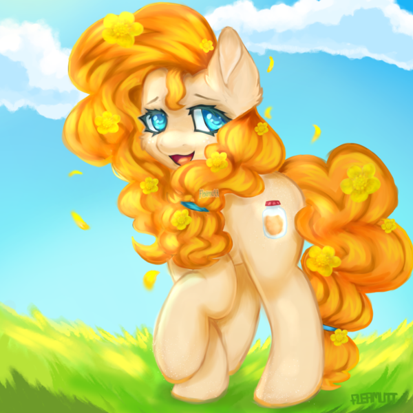 Size: 1772x1772 | Tagged: safe, artist:fleamutt, derpibooru import, pear butter, earth pony, pony, female, flower, flower in hair, image, looking at you, mare, open mouth, open smile, png, raised hoof, smiling, smiling at you, solo