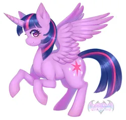 Size: 3700x3520 | Tagged: safe, artist:kitsuumi, derpibooru import, twilight sparkle, twilight sparkle (alicorn), alicorn, pony, curved horn, cute, digital art, female, hooves, horn, image, looking at you, mare, png, simple background, solo, spread wings, tail, twiabetes, white background, wings