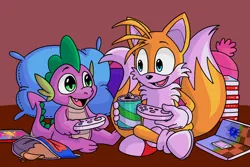 Size: 1656x1104 | Tagged: safe, artist:snail-speed, derpibooru import, spike, crossover, duo, image, miles "tails" prower, png, sonic the hedgehog (series)