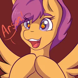 Size: 2048x2048 | Tagged: safe, artist:mscolorsplash, derpibooru import, scootaloo, pegasus, pony, arson, bust, eye clipping through hair, eyebrows, eyebrows visible through hair, female, filly, fire, foal, image, jpeg, open mouth, open smile, red background, simple background, smiling, solo, spread wings, wingding eyes, wings