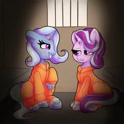 Size: 2048x2048 | Tagged: safe, artist:plushtrapez, derpibooru import, starlight glimmer, trixie, clothes, commission, commissioner:rainbowdash69, cuffed, horn, horn ring, image, jail, jewelry, jpeg, magic suppression, never doubt rainbowdash69's involvement, prison, prison outfit, prisoner, prisoner sg, prisoner tx, ring, sad, smiling, smirk