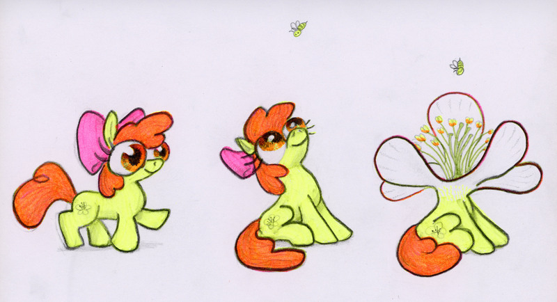 Size: 4500x2440 | Tagged: safe, artist:ja0822ck, derpibooru import, apple bloom, bee, earth pony, insect, pony, apple flower, female, filly, flower, foal, image, jpeg, looking up, name pun, simple background, traditional art