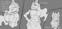 Size: 1441x673 | Tagged: suggestive, artist:felinecanis, derpibooru import, princess celestia, twilight sparkle, anthro, breasts, busty princess celestia, clothes, dialogue, dress, drool, eyes closed, gray background, hair over one eye, image, insult, jewelry, png, simple background, size difference, sketch, tiara, vulgar, wide eyes