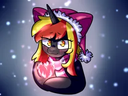 Size: 1600x1200 | Tagged: safe, artist:alex69vodka, derpibooru import, oc, oc:java, pony, unicorn, bust, christmas, clothes, female, hat, heart, holiday, image, looking at you, magic, png, santa hat, scarf, simple background