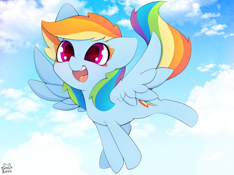 Size: 4000x3000 | Tagged: safe, artist:zokkili, derpibooru import, rainbow dash, pegasus, pony, cloud, cute, dashabetes, female, flying, image, jpeg, looking at you, mare, solo, spread wings, wings