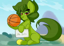 Size: 3000x2200 | Tagged: suggestive, artist:fromariels, derpibooru import, oc, unofficial characters only, earth pony, pony, ball, basketball, image, jpeg, looking at you, male, red eyes, solo, sports, tennis ball, text