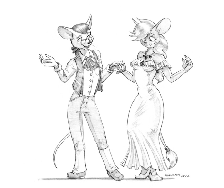 Size: 1400x1173 | Tagged: safe, artist:baron engel, derpibooru import, applejack, oc, oc:king trafalgar maximilian augustus leopold iii, anthro, mouse, clothes, dress, female, image, jpeg, male, monochrome, mousified, species swap, story included, transformation