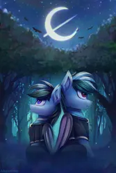 Size: 2000x3000 | Tagged: safe, artist:adagiostring, derpibooru import, oc, unofficial characters only, bat pony, background, bat pony oc, bat wings, brother, brother and sister, clothes, cute, duo, duo male and female, female, image, male, male and female, moon, night, png, robe, siblings, sister, sitting, stars, tree, wings