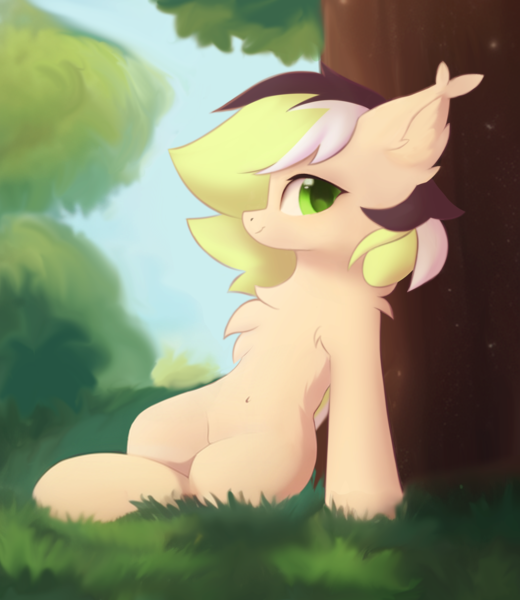 Size: 2464x2844 | Tagged: safe, artist:verlista, derpibooru import, oc, unnamed oc, unofficial characters only, bat pony, pony, belly button, chest fluff, colored wings, ear fluff, female, fluffy, grass, green eyes, green hair, image, looking at you, mare, png, sitting, smiling, solo, solo female, three toned mane, tree, two toned wings, wings