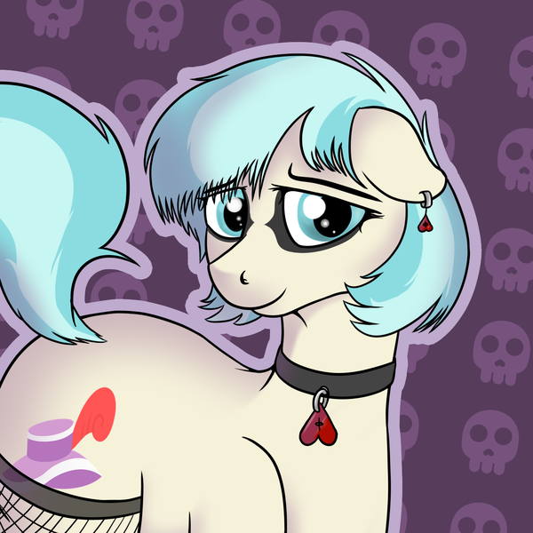 Size: 1342x1342 | Tagged: safe, artist:czaroslaw, derpibooru import, coco pommel, earth pony, pony, abstract background, alternate hairstyle, collar, ear piercing, earring, eyeshadow, female, fishnets, goth, image, jewelry, makeup, mare, piercing, png, solo