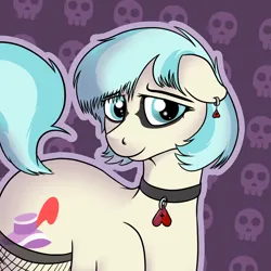 Size: 1342x1342 | Tagged: safe, artist:czaroslaw, derpibooru import, coco pommel, earth pony, pony, abstract background, alternate hairstyle, collar, ear piercing, earring, eyeshadow, female, fishnets, goth, image, jewelry, makeup, mare, piercing, png, solo