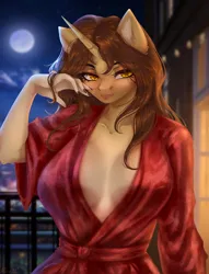 Size: 1300x1700 | Tagged: suggestive, artist:alicesmitt31, derpibooru import, oc, oc:barbara, unofficial characters only, anthro, unicorn, absolute cleavage, bathrobe, beautisexy, bedroom eyes, big breasts, breasts, cleavage, clothes, female, horn, image, png, robe, solo, solo female