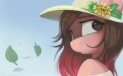 Size: 2265x1400 | Tagged: safe, artist:foxyara, derpibooru import, oc, oc:naga, earth pony, pony, eyes open, flower, gradient background, hat, image, jpeg, leaves, solo