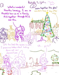 Size: 4779x6013 | Tagged: safe, artist:adorkabletwilightandfriends, derpibooru import, moondancer, spike, starlight glimmer, twilight sparkle, twilight sparkle (alicorn), alicorn, comic:adorkable twilight and friends, adorkable, adorkable twilight, candle, christmas, christmas decoration, christmas lights, christmas stocking, christmas tree, clothes, comic, cute, dork, fireplace, happy, hearth's warming, hearth's warming tree, hiding, holiday, image, png, running away, slice of life, socks, stockings, thigh highs, tree, wreath