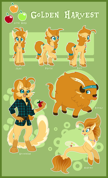 Size: 3100x5100 | Tagged: safe, artist:happy-go-creative, derpibooru import, oc, oc:golden harvest, unofficial characters only, abyssinian, buffalo, hippogriff, seapony (g4), abyssinian oc, apple, buffalo oc, commission, cutie mark, food, hippogriff oc, image, png, reference sheet, seaponified, species swap